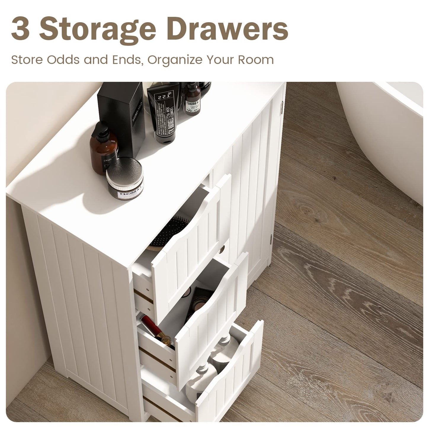 Bathroom Floor Cabinet, Freestanding Side Storage Cabinet w/ 3 Drawers & 1 Cupboard, 1 Adjustable Shelf, 23.6"*11.8"*31.5"