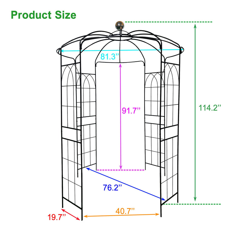 Metal Garden Arch Iron Garden Arbors Gazebo Dia81.3'' x 114.2'' High Birdcage Shape Pergola Pavilion for Wedding Ceremony Outdoor Black