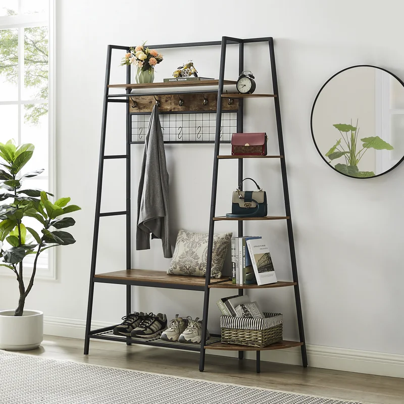5-in-1 Entryway Hall Tree with Coat Rack And 5 Side Shelves