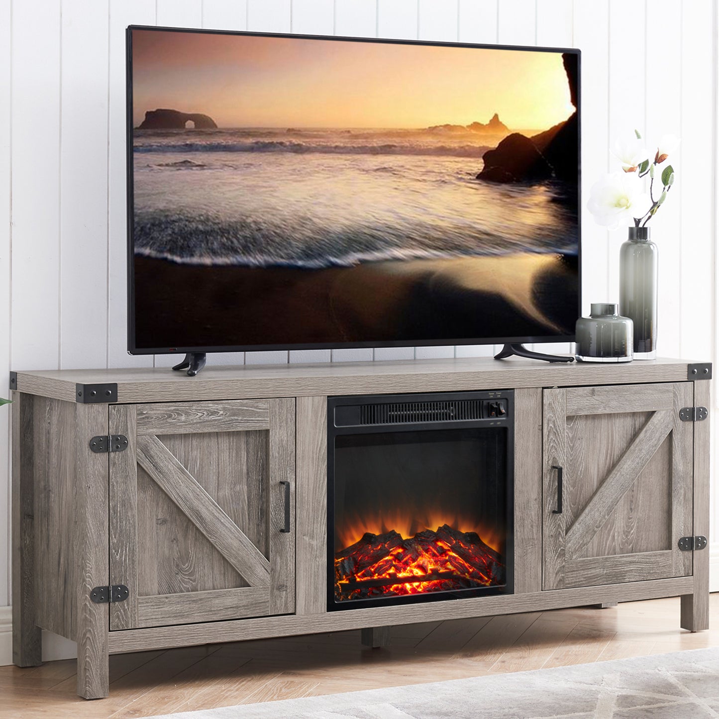 Farmhouse Wood TV Stand for TVs up to 65" with Fireplace Included, Grey Wash