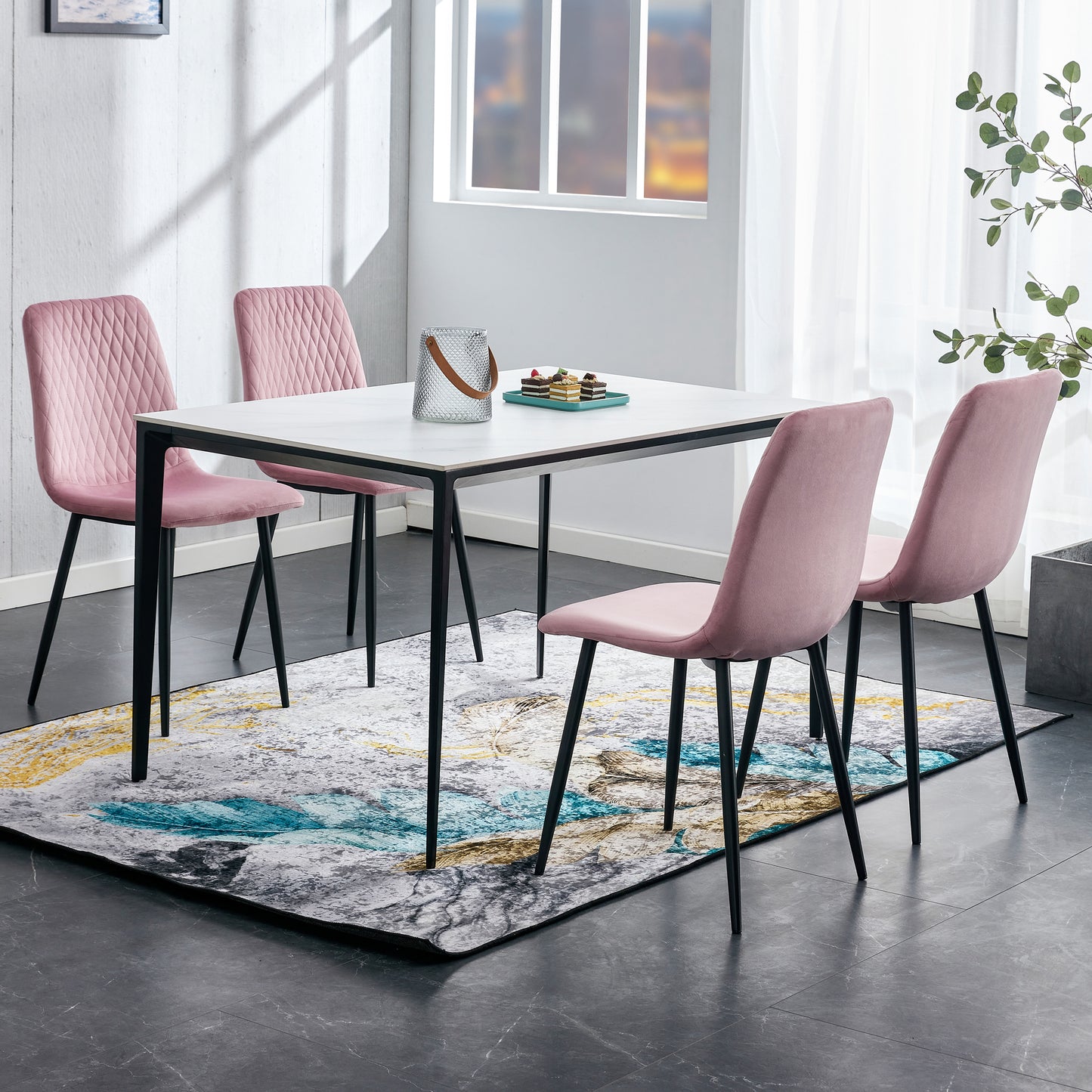 Modern Velvet Dining Kitchen Chair, Upholstered Side Chair with Black Coated Legs, set of 4