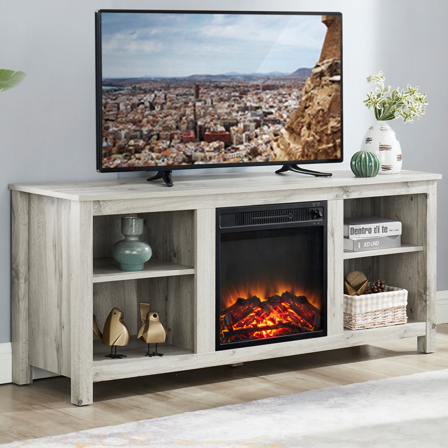 TV Stand for TVs up to 65" with Fireplace Included, Light Grey