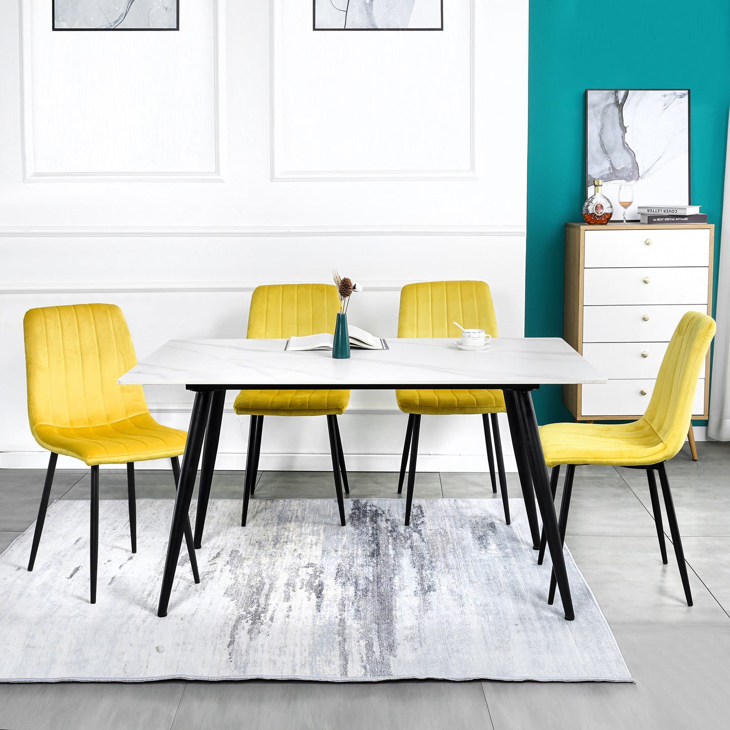 Modern Velvet Dining Kitchen Chair, Upholstered Side Chair with Black Coated Legs, set of 4