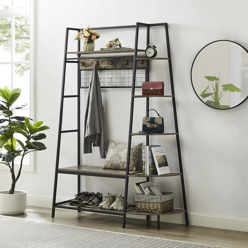 Industrial Hall Tree with Side Storage Shelves, Entryway Bench with Coat  Rack, Freestanding Coat Tree with