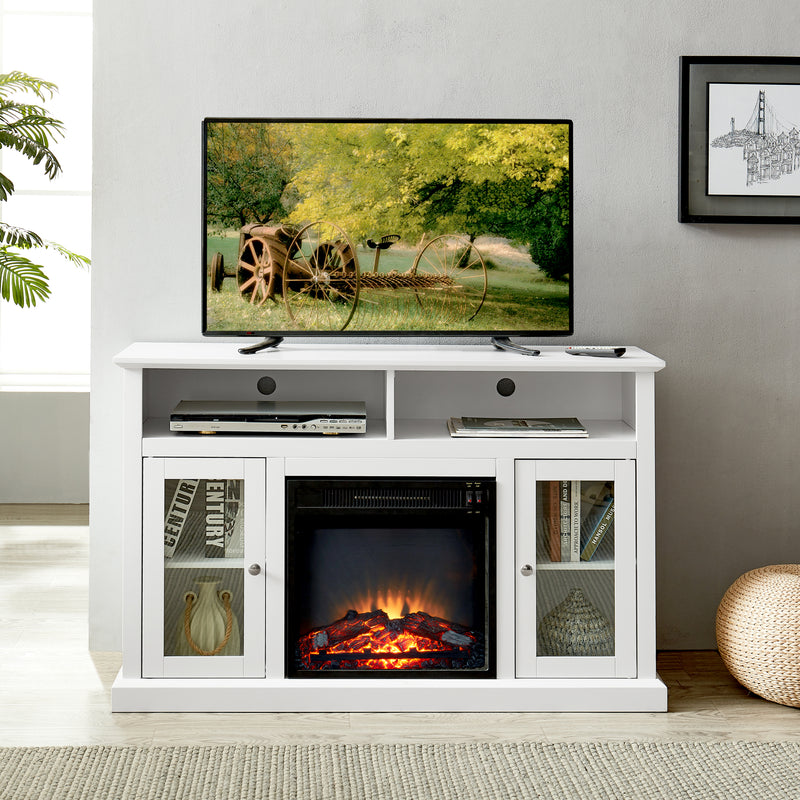 Electric Fireplace TV Stand for TVs up to 55" with Glass Storage Cabinet, White