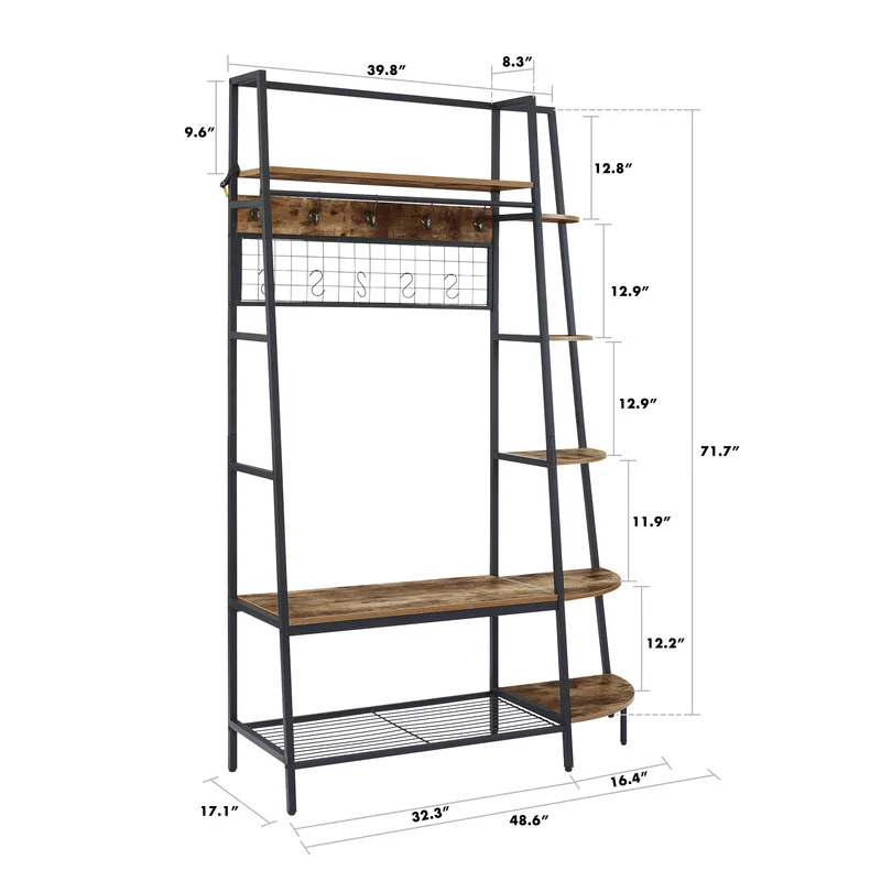 5-in-1 Entryway Hall Tree with Coat Rack And 5 Side Shelves
