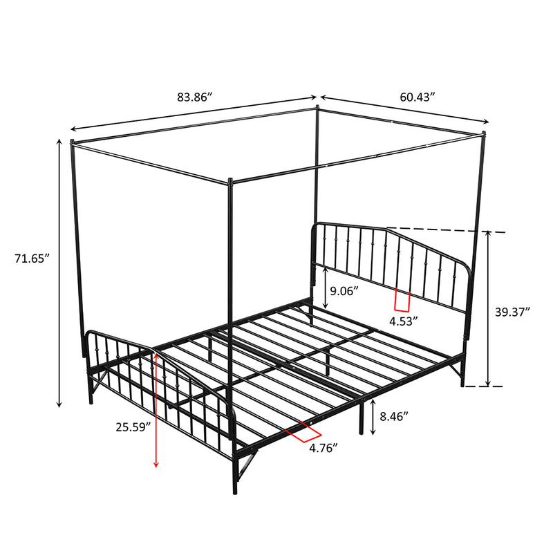 Black Queen Size Anti-Noise Metal Bed Frame with Detachable Canopy