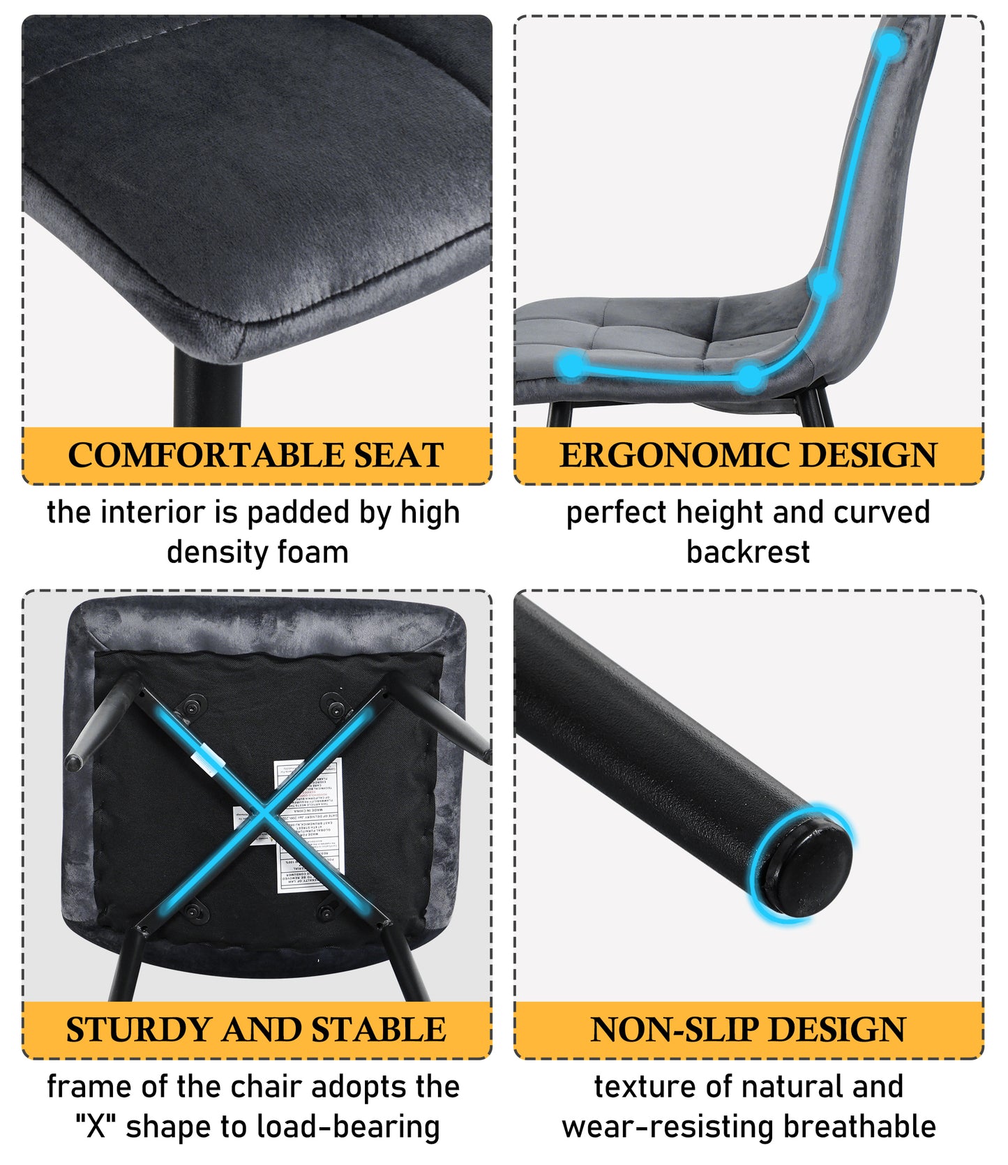 Modern Velvet Dining Kitchen Chair, Upholstered Side Chair with Black Coated Legs, set of 4