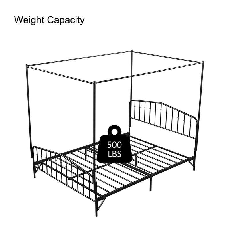Black Queen Size Anti-Noise Metal Bed Frame with Detachable Canopy