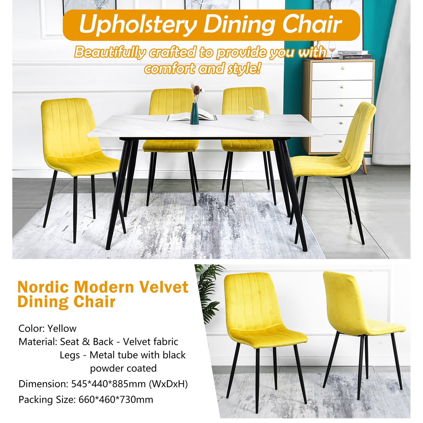 Modern Velvet Dining Kitchen Chair, Upholstered Side Chair with Black Coated Legs, set of 4