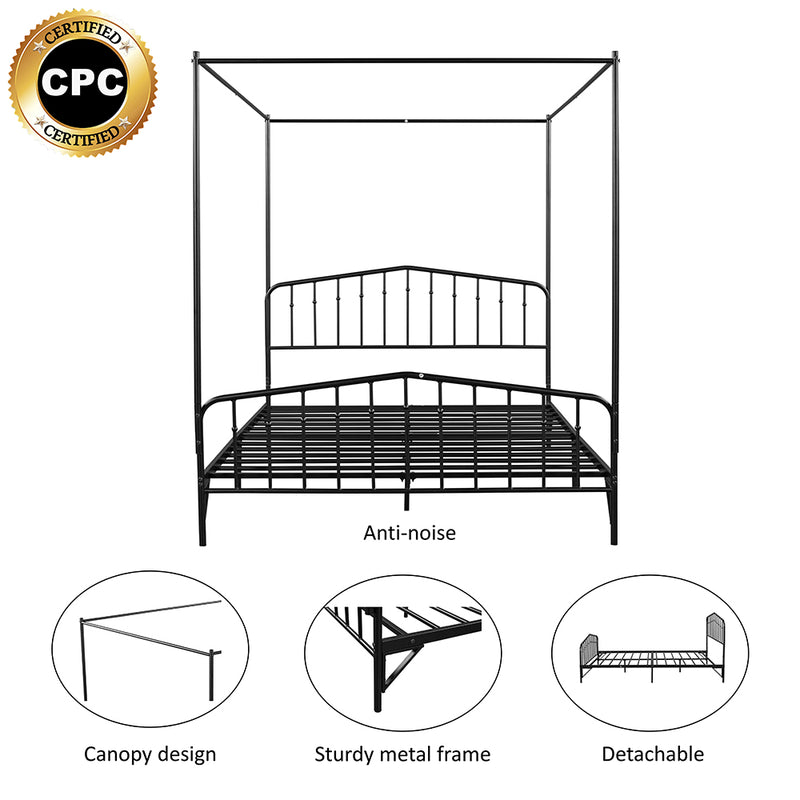 Black Queen Size Anti-Noise Metal Bed Frame with Detachable Canopy