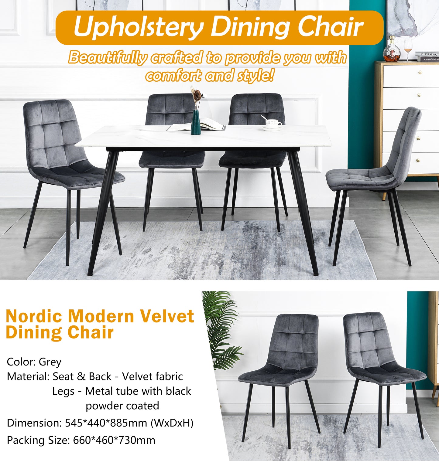 Modern Velvet Dining Kitchen Chair, Upholstered Side Chair with Black Coated Legs, set of 4