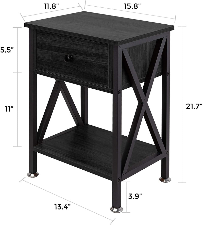 X-Shape Frame Side Table with Shelf, Multi-Function Nightstands with Drawer