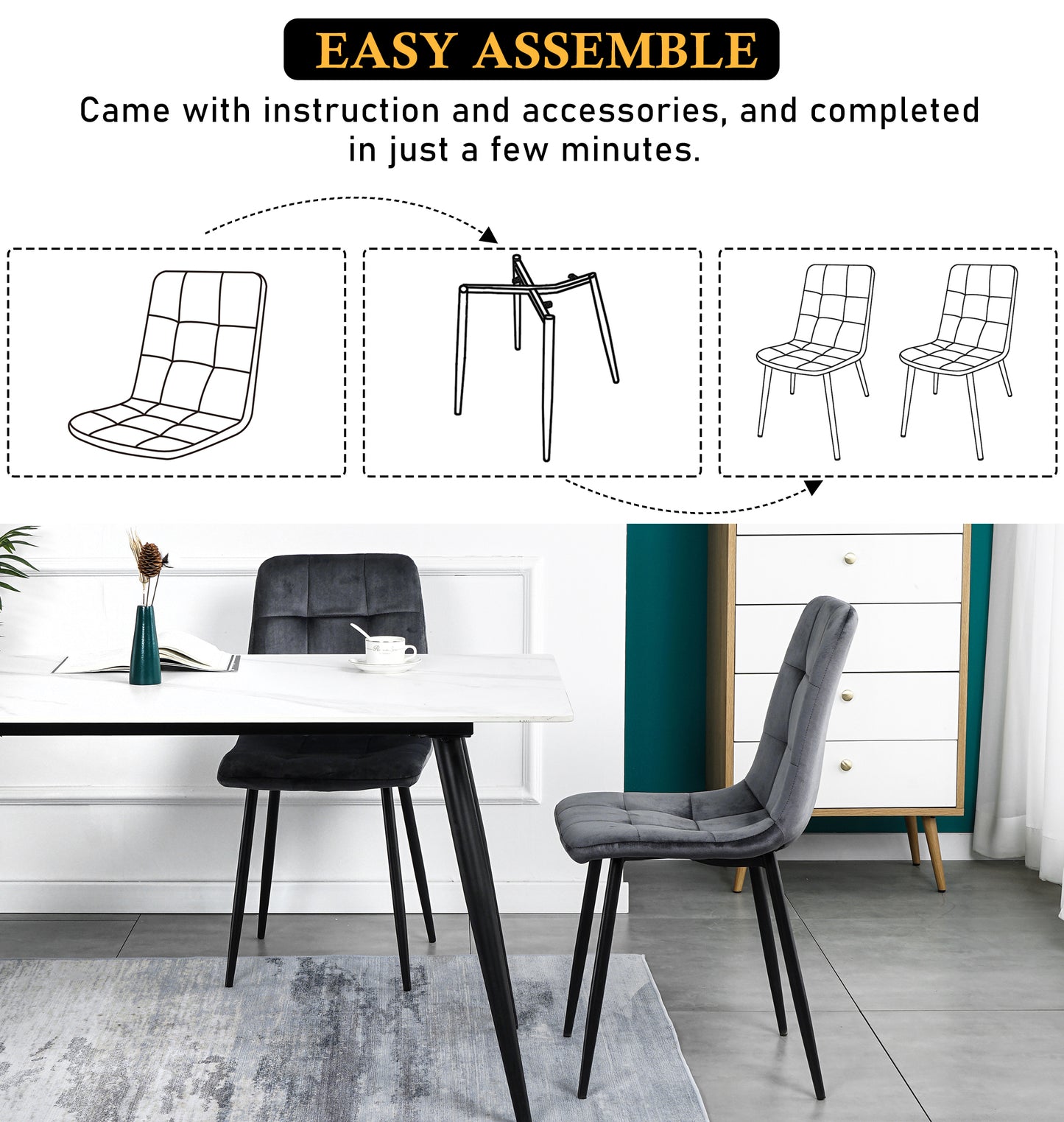 Modern Velvet Dining Kitchen Chair, Upholstered Side Chair with Black Coated Legs, set of 4