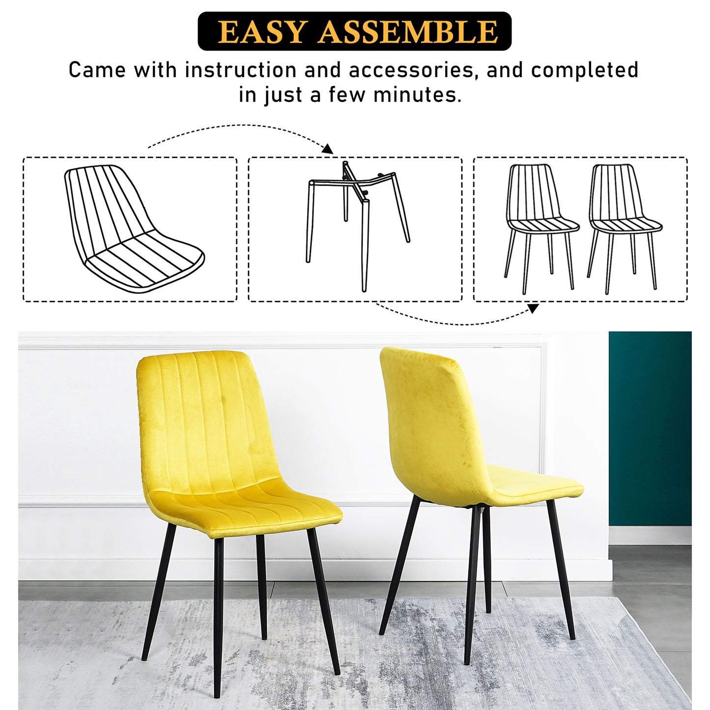 Modern Velvet Dining Kitchen Chair, Upholstered Side Chair with Black Coated Legs, set of 4