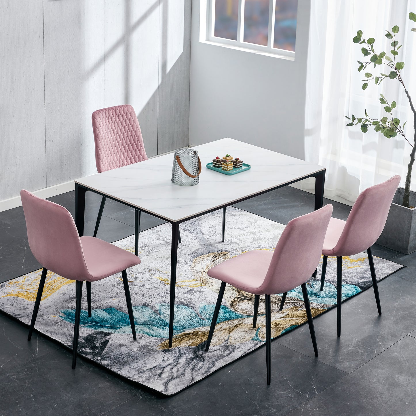 Modern Velvet Dining Kitchen Chair, Upholstered Side Chair with Black Coated Legs, set of 4
